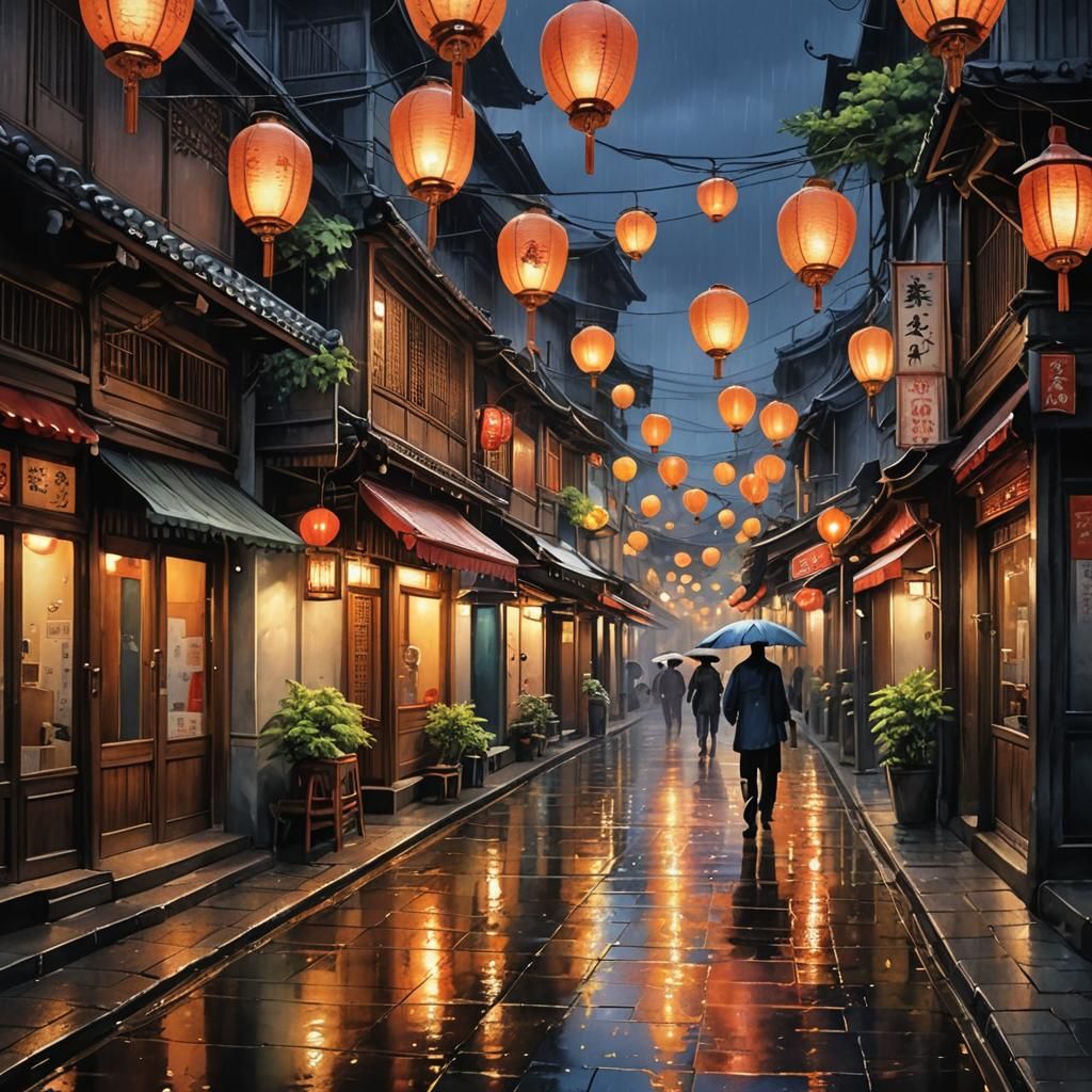 A scene of a wet street detailed painting lit by beautiful lanterns intricately detailed watercolor filigree ...  by @Oma