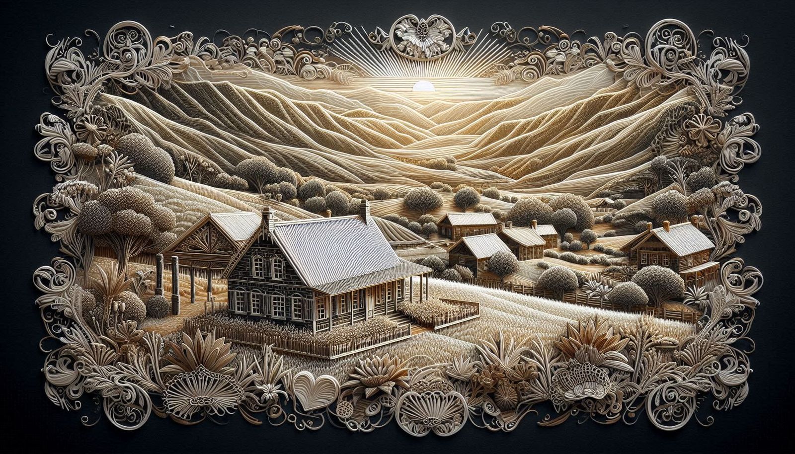 Magaliesberg farmscape - 3D Filigree paper landscape art with embroidery texture