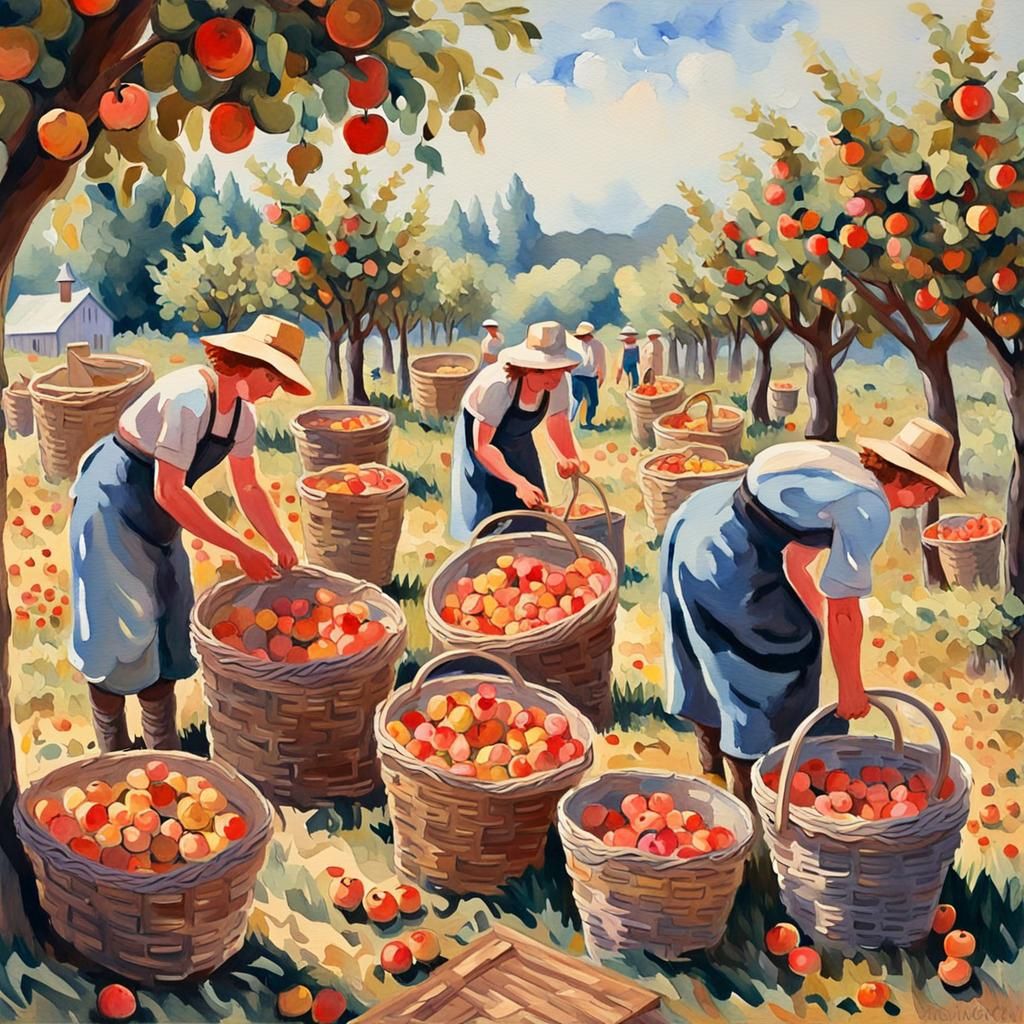 Apple harvest pickers filling baskets