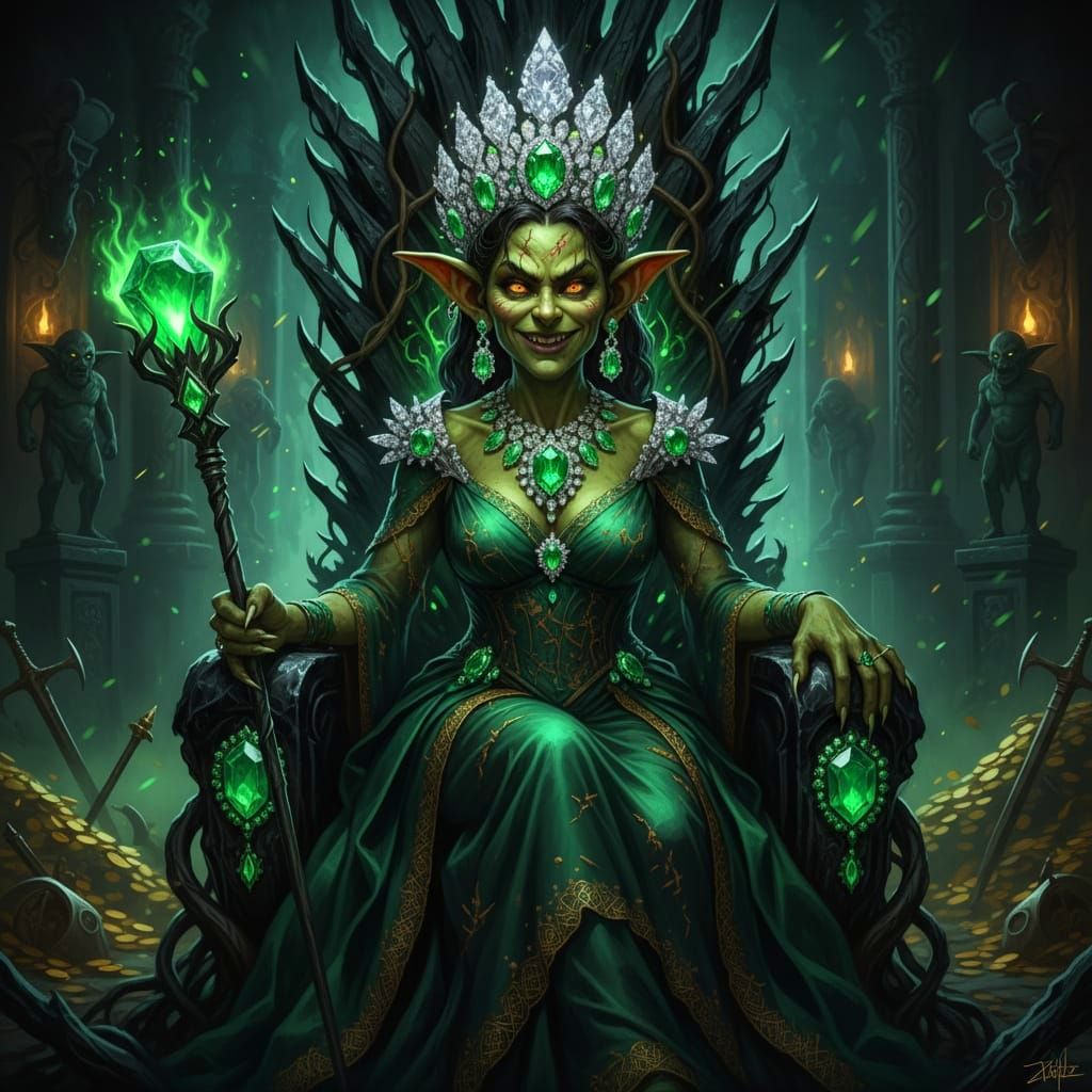 The goblin queen wearing a gaudy diamond and emerald tiara with matching earrings and necklace  by @Dantonio