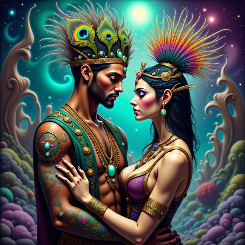 A highly detailed, golden divine fantasy artwork of a male and female divine entities standing with the male entity gently holding the femal...