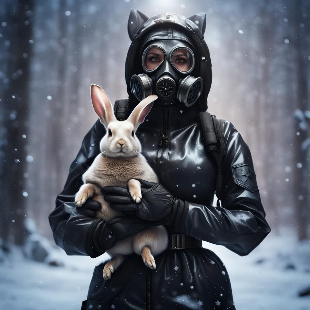 Woman in Latex Holding Rabbit in Detailed Painting