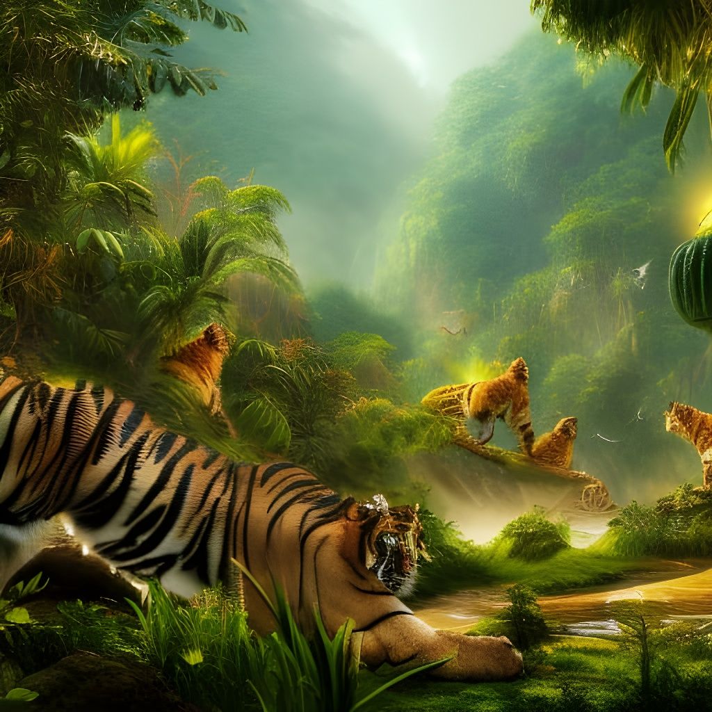 Tiger land, a jungle full of powerful tigers AI Generated Artwork