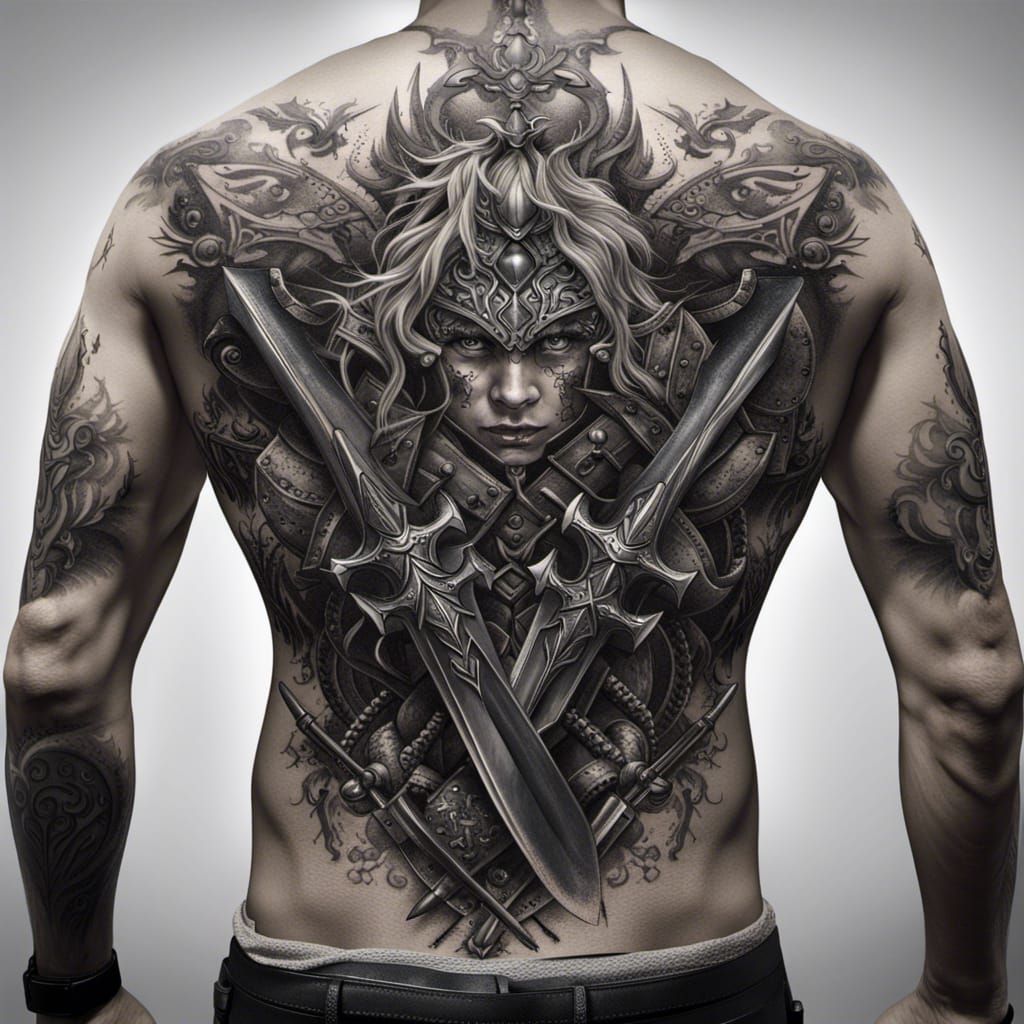 A black and white shoulder tattoo with 3 warrior swords meet...