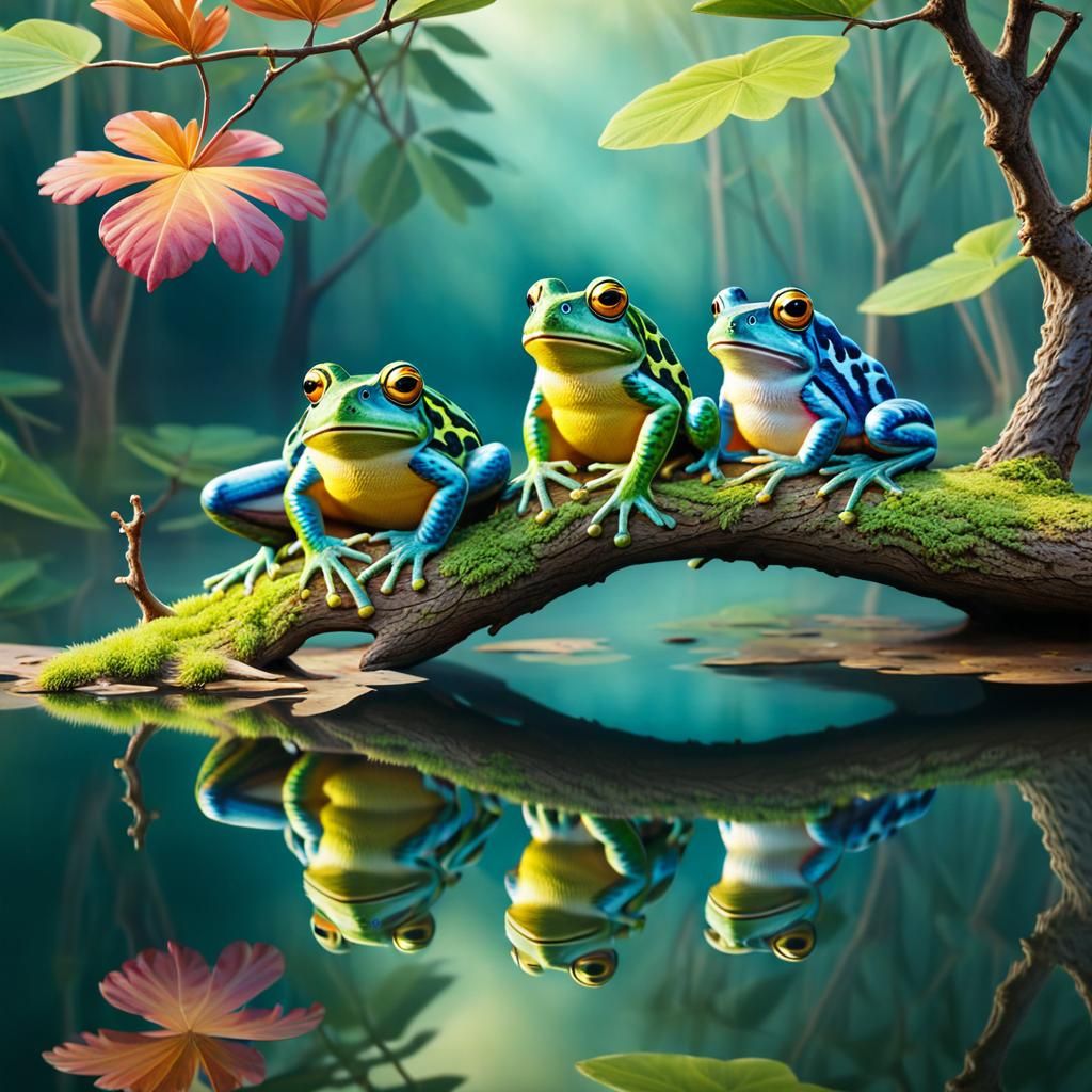 3 cute colorful fluffy frogs sitting on a branch of a lad pa...