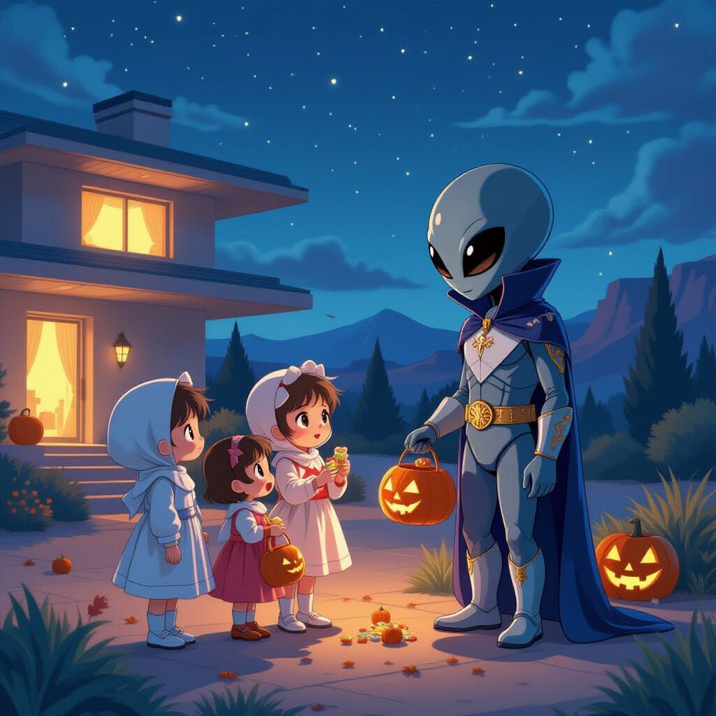 Alien Halloween Village Night: Trick-or-Treaters in Anime St...