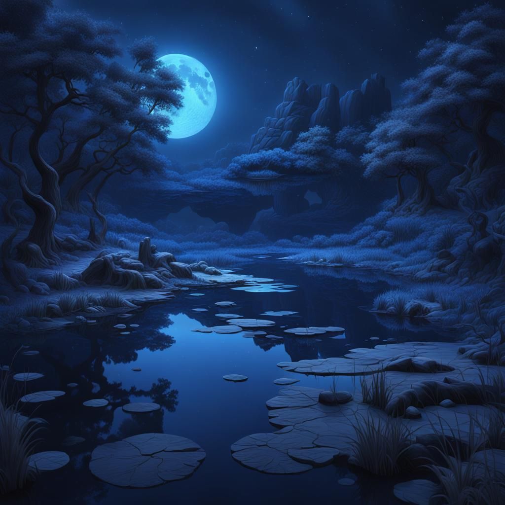 Let's create a masterful blue monochrome work of a pond under the light of a starless night and moonless ...  by @evinrude