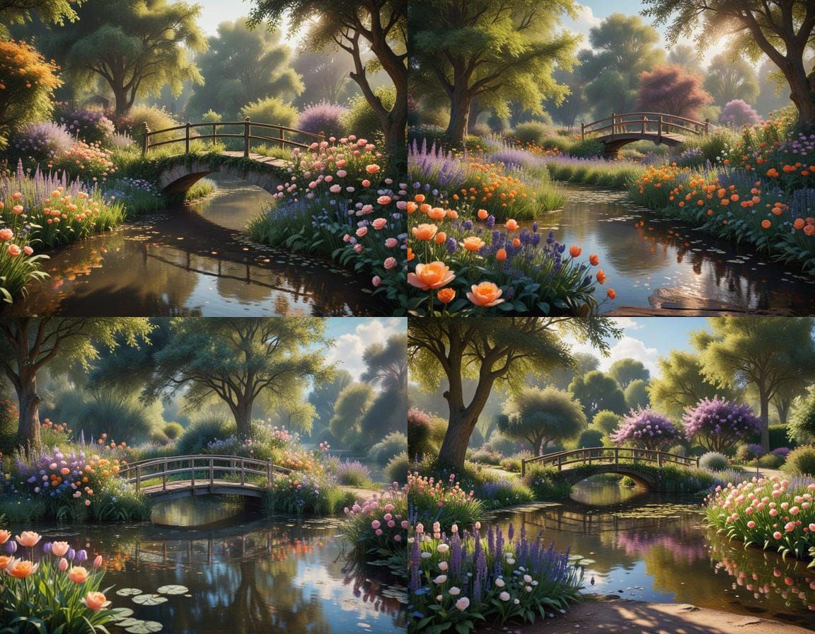A picturesque country garden with roses, lavender,  peonies, tulips.  A bridge over a pond and large tree.  soft petals,...