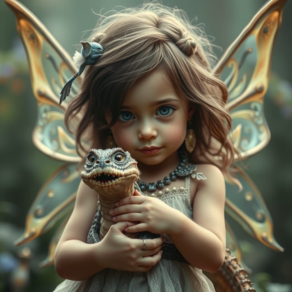 Photorealistic extremely detailed cinematic still portrait of a fairy child holding a baby dragon. Digital ...  by @ByToi