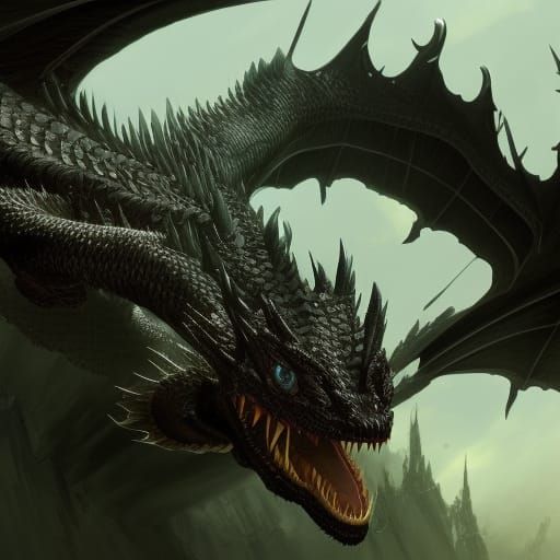 Create A Western Black Dragon With Green Eyes Prominent Teeth Visible Scales Ai Generated