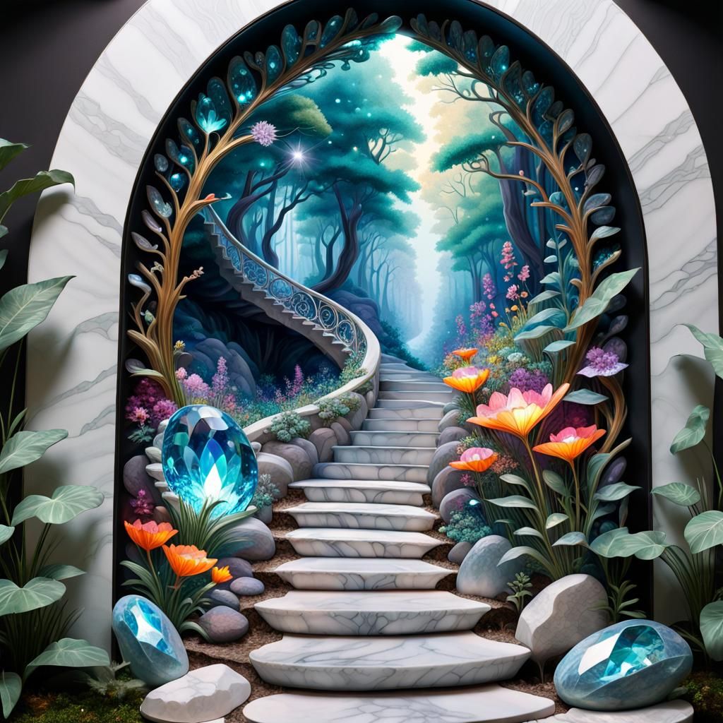 Crystal Portal to Bioluminescent Art Nouveau Forest