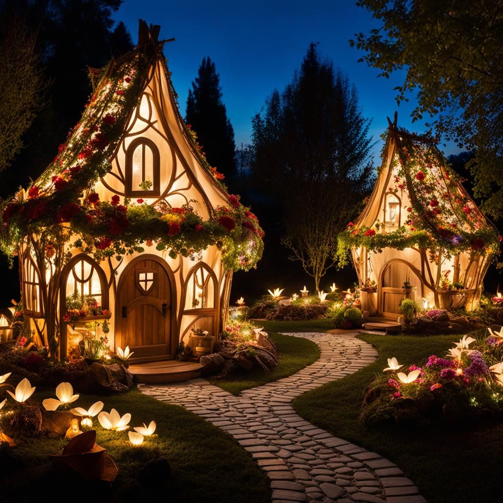 The fairy village, houses crafted from petals, leaves, and woven vines