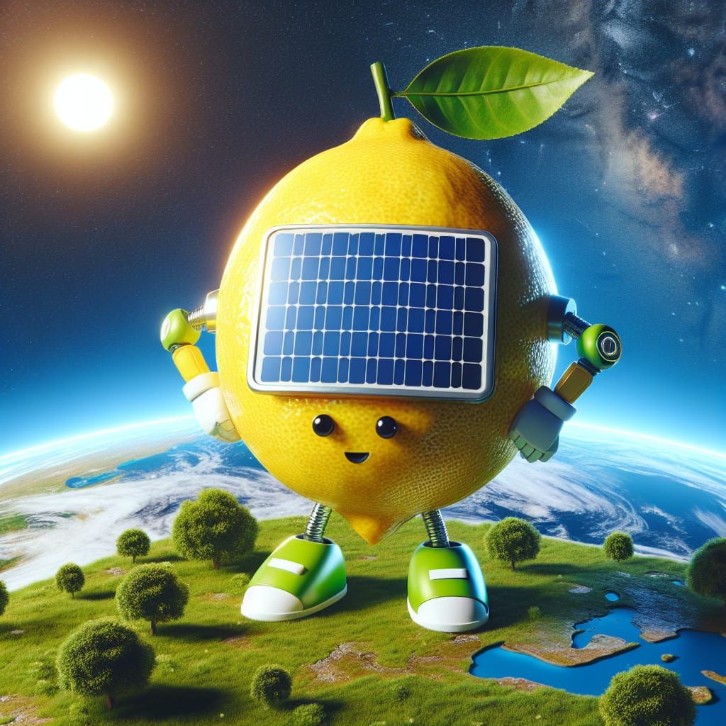 Lemon Robot Standing on Earth's Surface in a Bright Sunny Sc...
