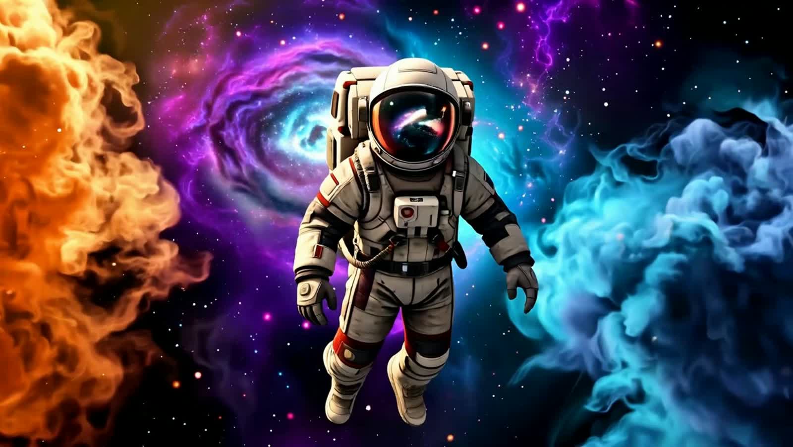 A lone astronaut adrift in a nebula of swirling cosmic dust and starlight, their helmet reflecting a distant, alien gala...