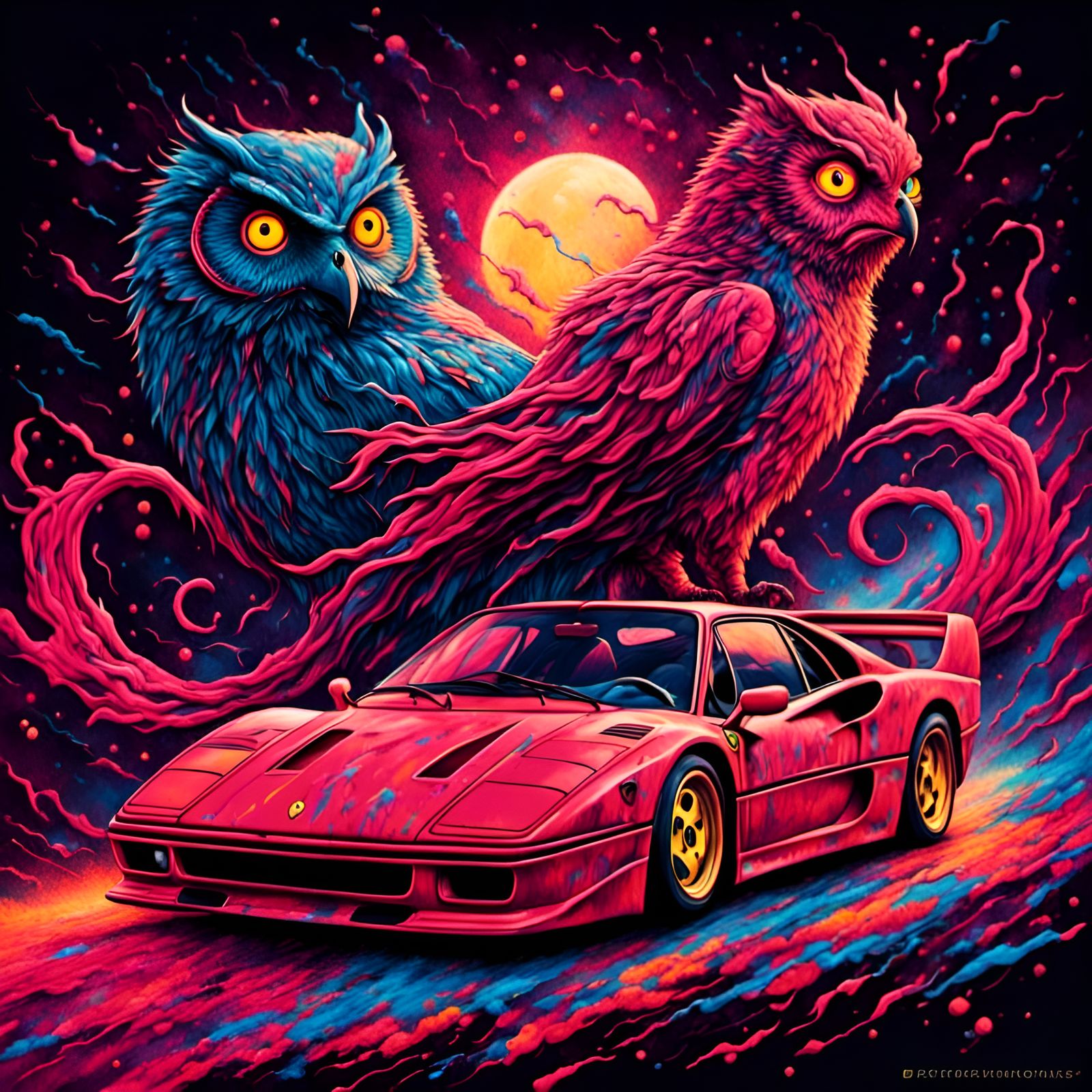 <lora:Incredible Color:1.0> <lora:Acrylic ABSTRACT:1.0> psychedelic Ferrari f40  car  getting chased by giant owls like aliens  driving down...