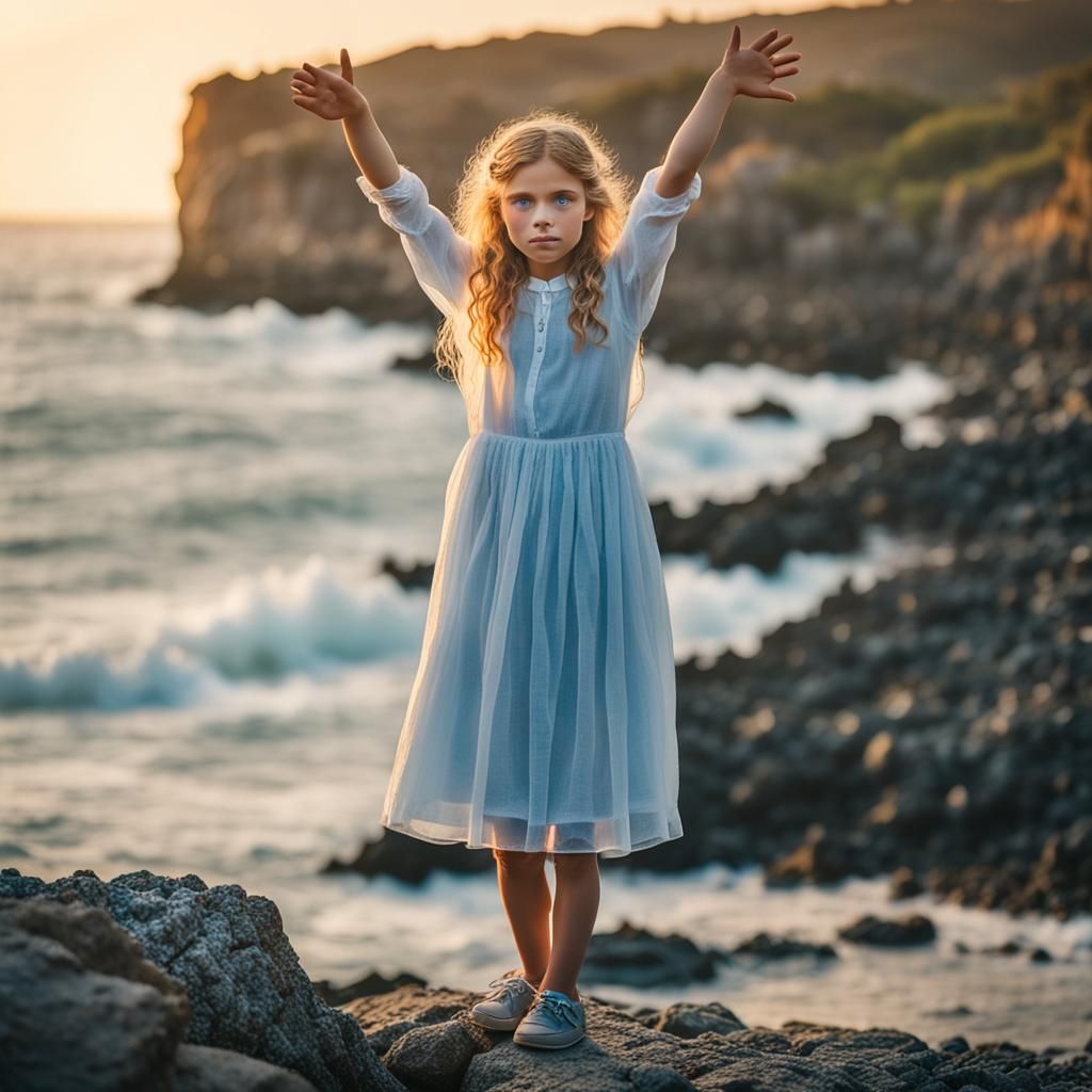 ילדה קטנה  בלונדינית מתולתלת.  עם עיניים תכלת על רקע של ים