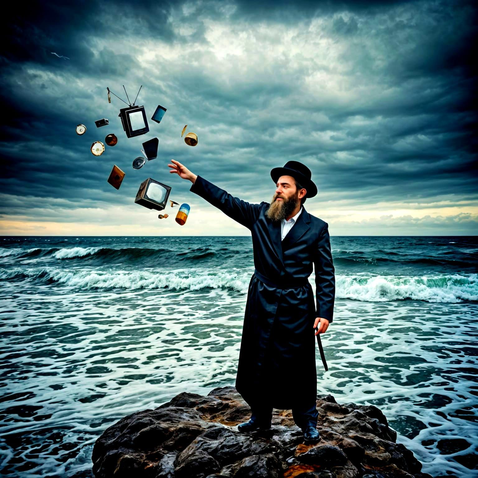 Chassidic Man Drowning Valuables in the Sea