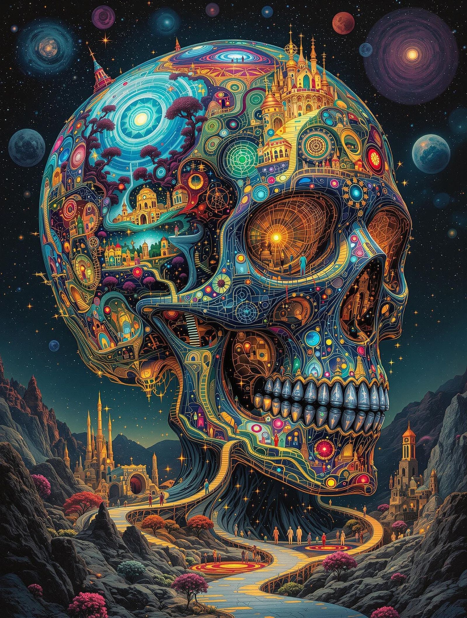 Surreal Glass Skull with Cosmic Patterns and Roads to Infini...