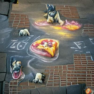 Dog eating pizza chalk art