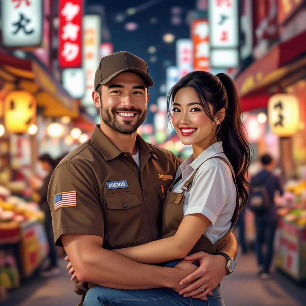 Amazon Delivery Man Holds Laughing Woman in Tokyo Market