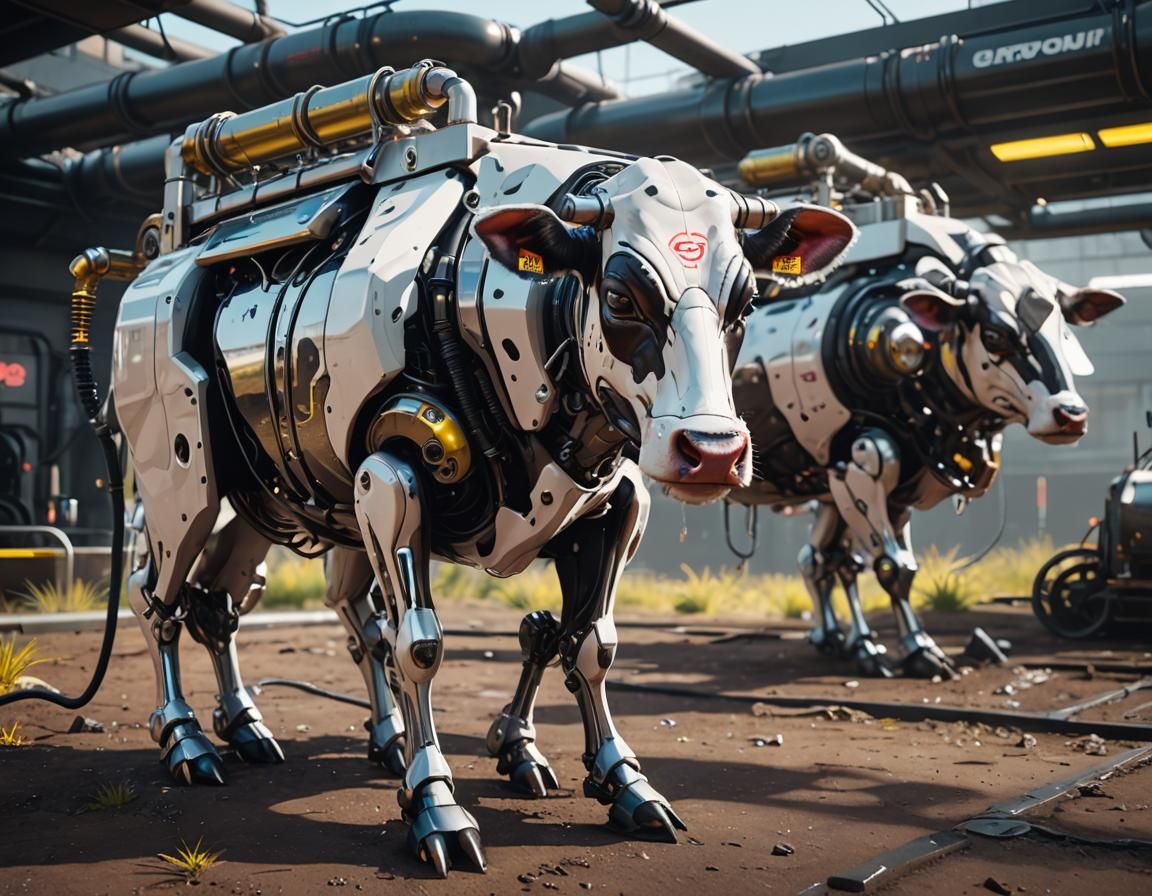 bio robot cow milk giver on the milk pipeline is connected a technologically advanced farm plot, cyberpunk ...  by @Winodel