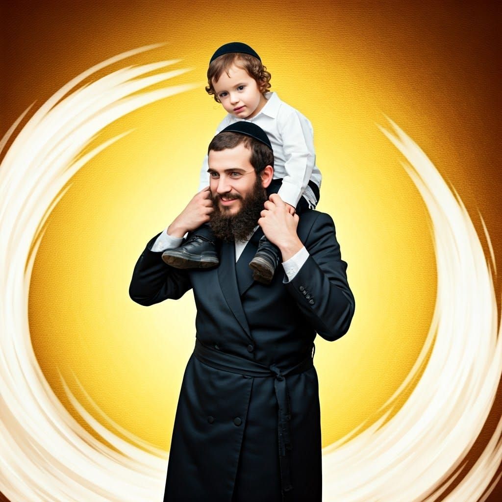Hasidic Man Carries Child, Alphonse Mucha Style