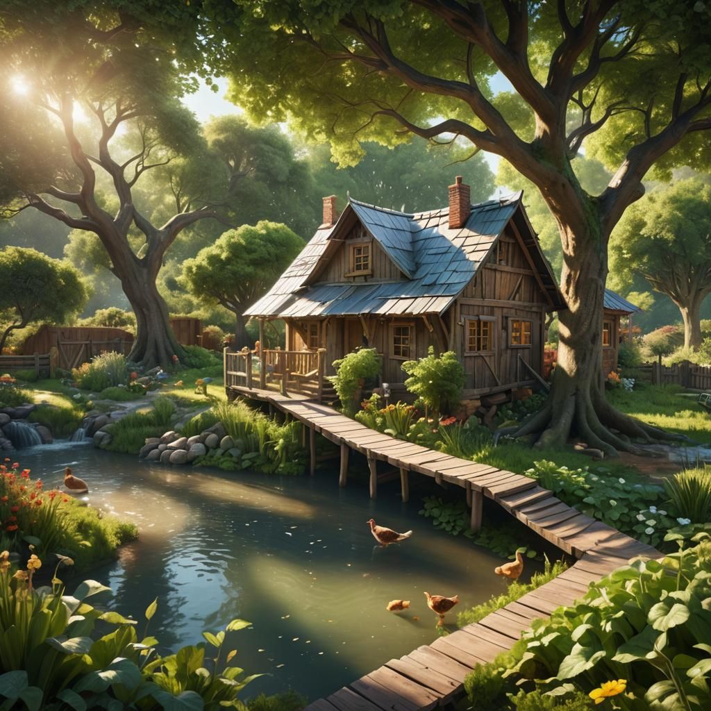Wooden house with galvanise roof, airy  with vegetable garden and farm animals on green lush land with a hammock and flowing river close by