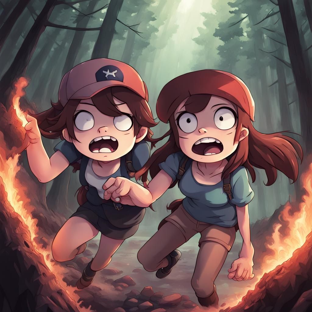 Dipper and Mable from gravity falls fighting demons from hell. AI