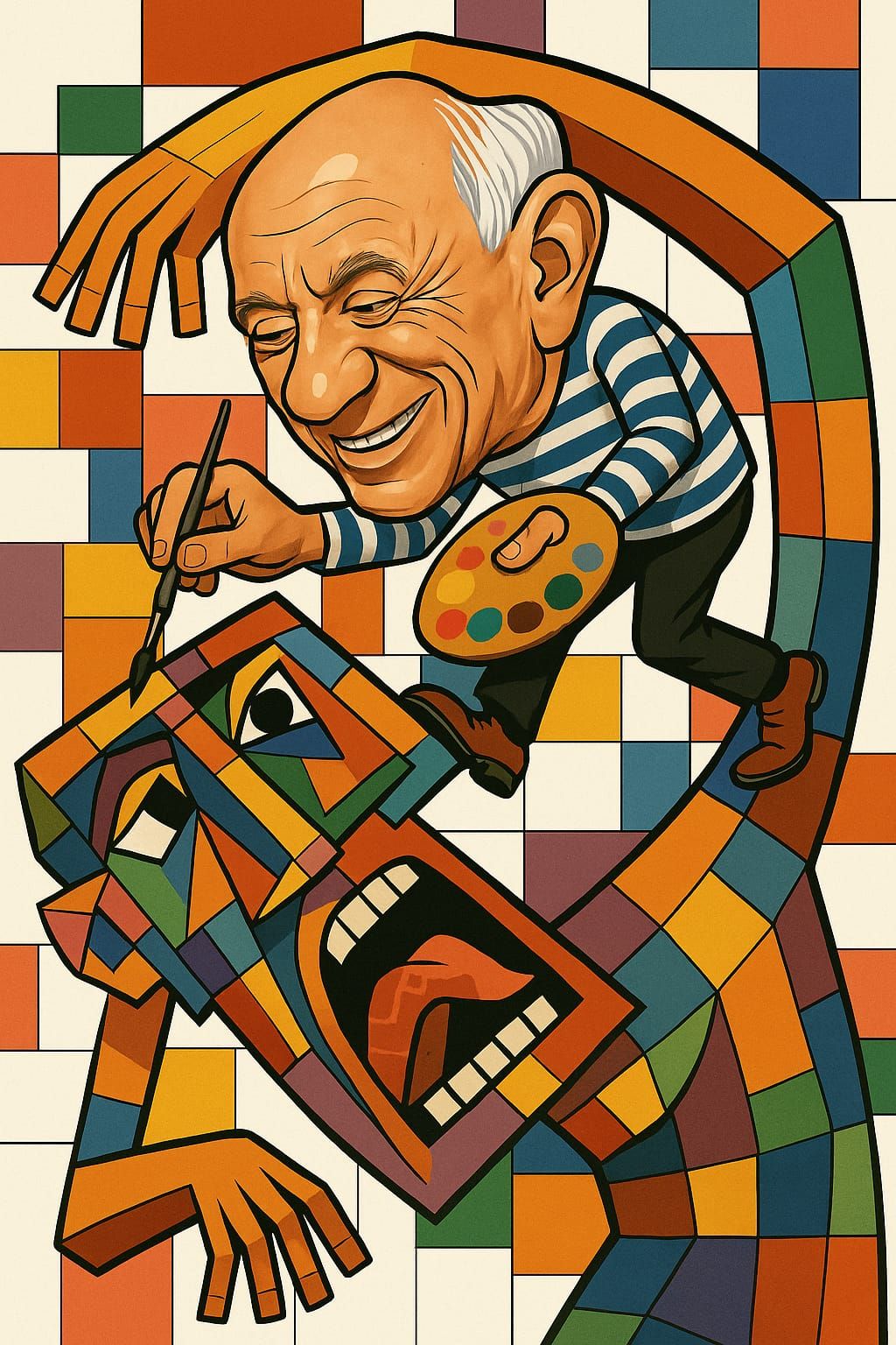 Pablo Picasso caricature painting a cubist human