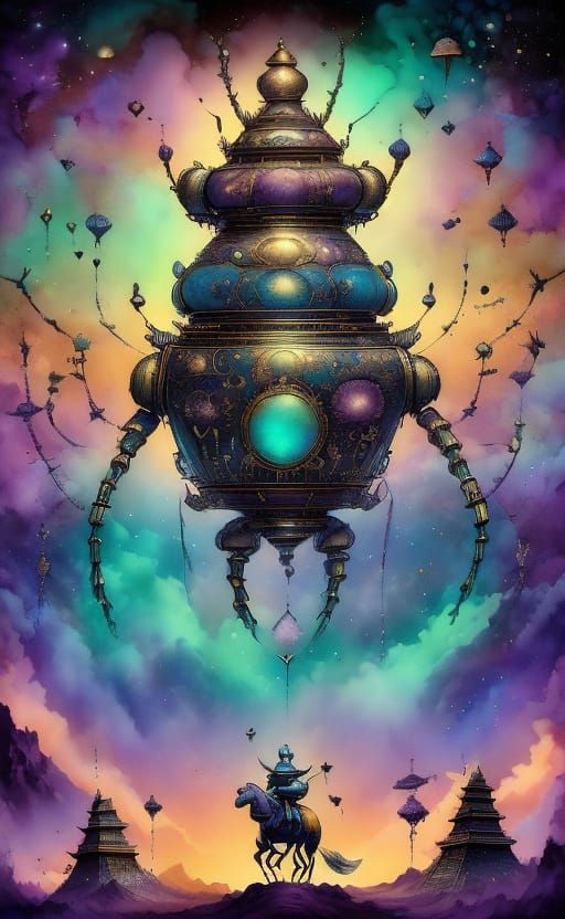 <lora:Inky Geisha Mice:1.0> Concept art. A lone couple standing on a vibrant, magicall spider web stretching between two monolithic, ancient...