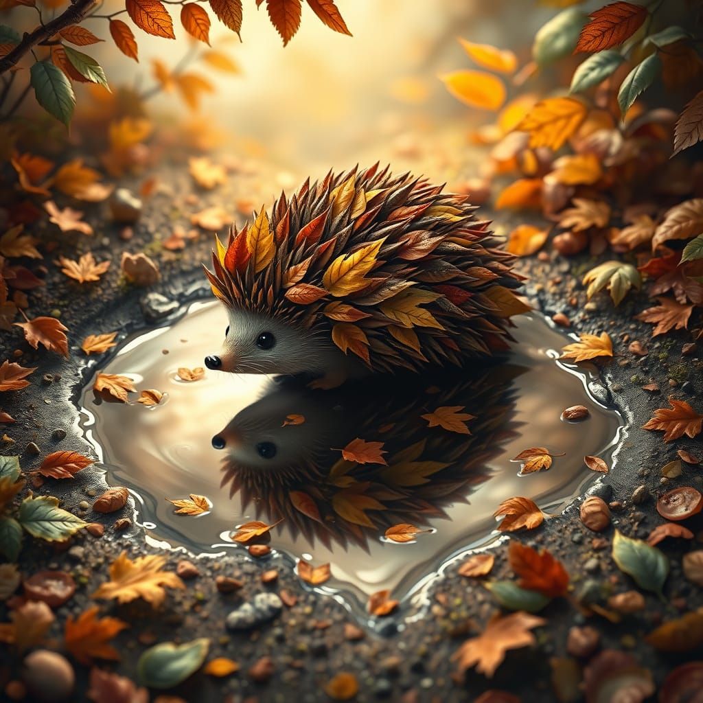hedgehog made of leaves, flops on a puddle forming a heart  by @Lightning