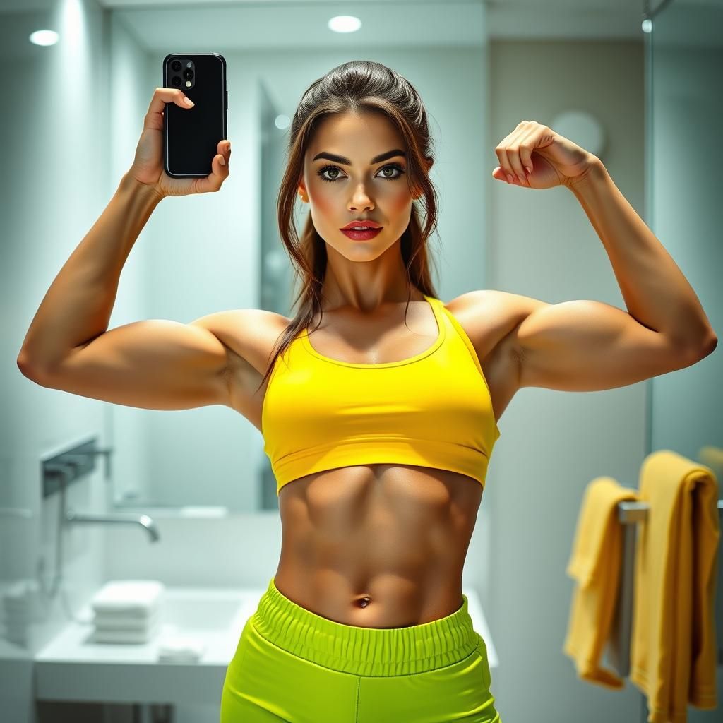 A beautiful supermodel, 28 years old, tall and strong with muscles and rock solid abs, wearing a mustard-yellow top and lime-green workout p...