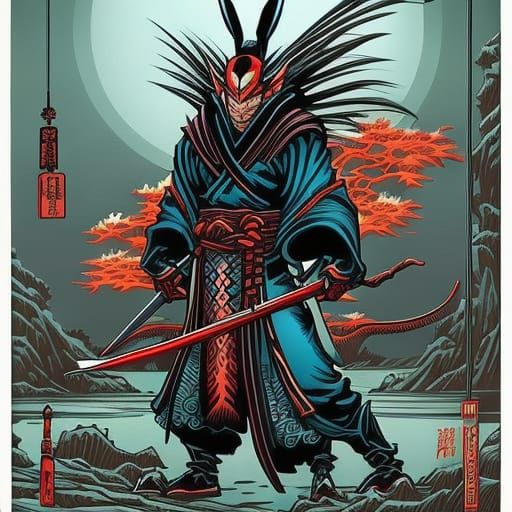 rat samurai in style of Hokusai