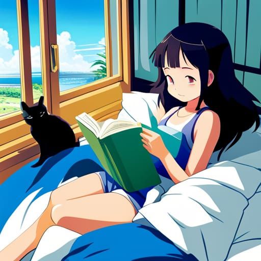 a girl reading a book in bed, a cat sleeps beside her, a bri...