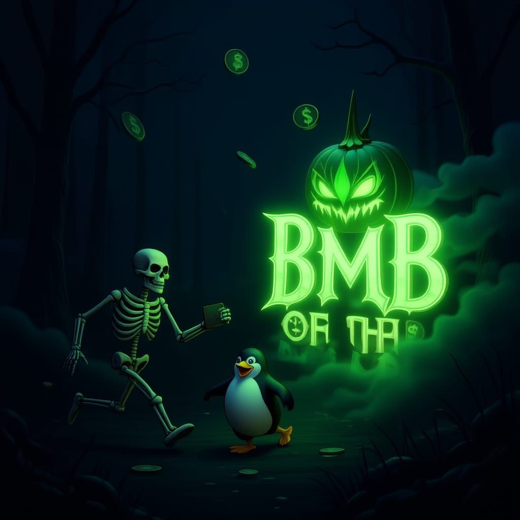 Haunted Beamable logo glowing neon green in a dark forest, spooky fog, floating $BMB coins, Halloween theme, cinematic digital art, highly d...