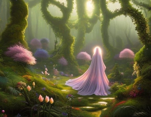 In a dark, enchanted forest, a young woman stands amidst ethereal lights  casting ghostly glows, with a sky of brooding clouds and shimmering - AI  Generated Artwork - NightCafe Creator