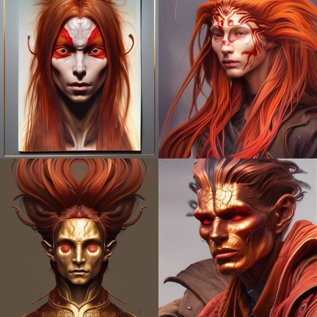 Bronze hair, red jacket, third eye, tusks portrait hyperdeta...