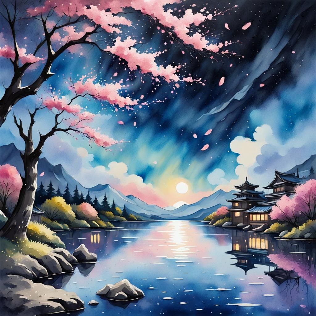 Starry night sky on the lake with falling Sakura petals in w...