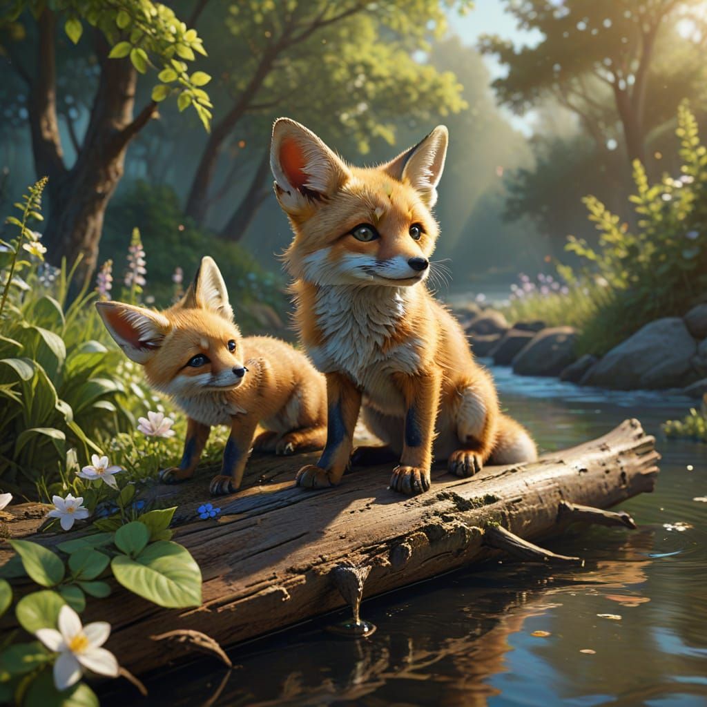 A cute baby fox balancing on a log on a river, his mum can be seen on the river bank. The scene is beautiful with lots of trees and flowers....
