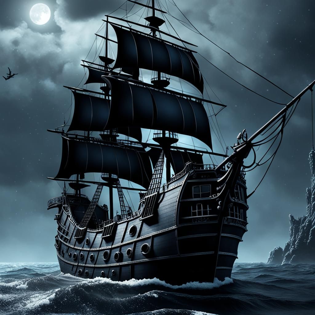 Black pearl pirate ship out in the deep sea Gothic fine details 8k