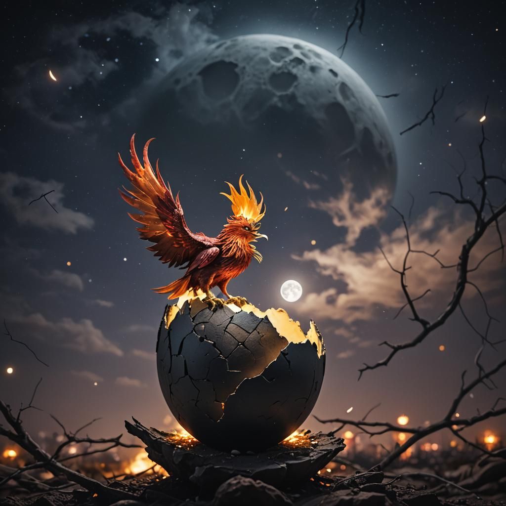 Phoenix rising from a cracked egg shell 8k quality portrait background dark sky with moon reflection  by @Jose Fernandes