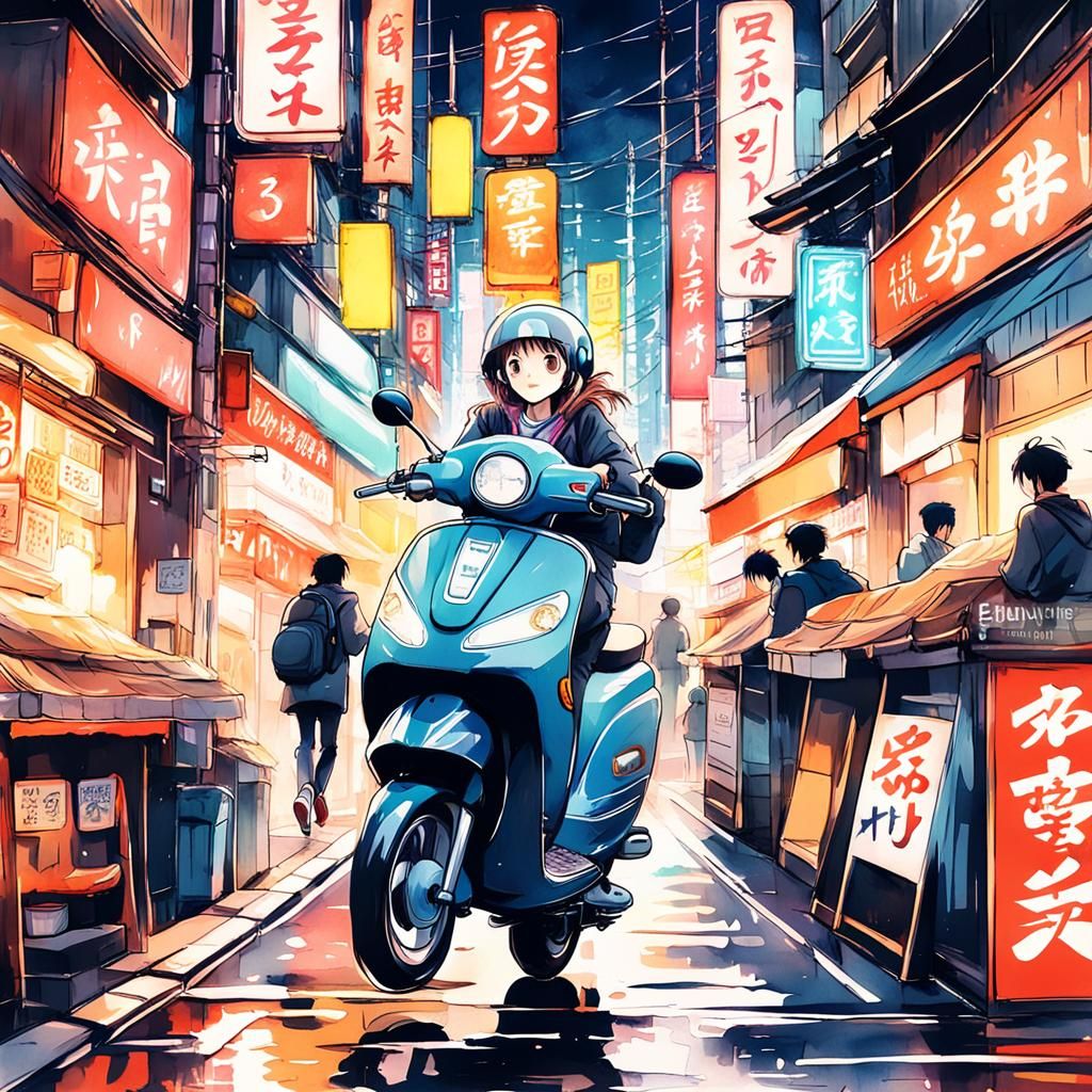 Anime Girl Rides Scooter Through Tokyo Streets