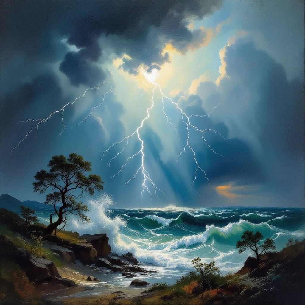 Dramatic Storm Over Landscape, Oil Painting