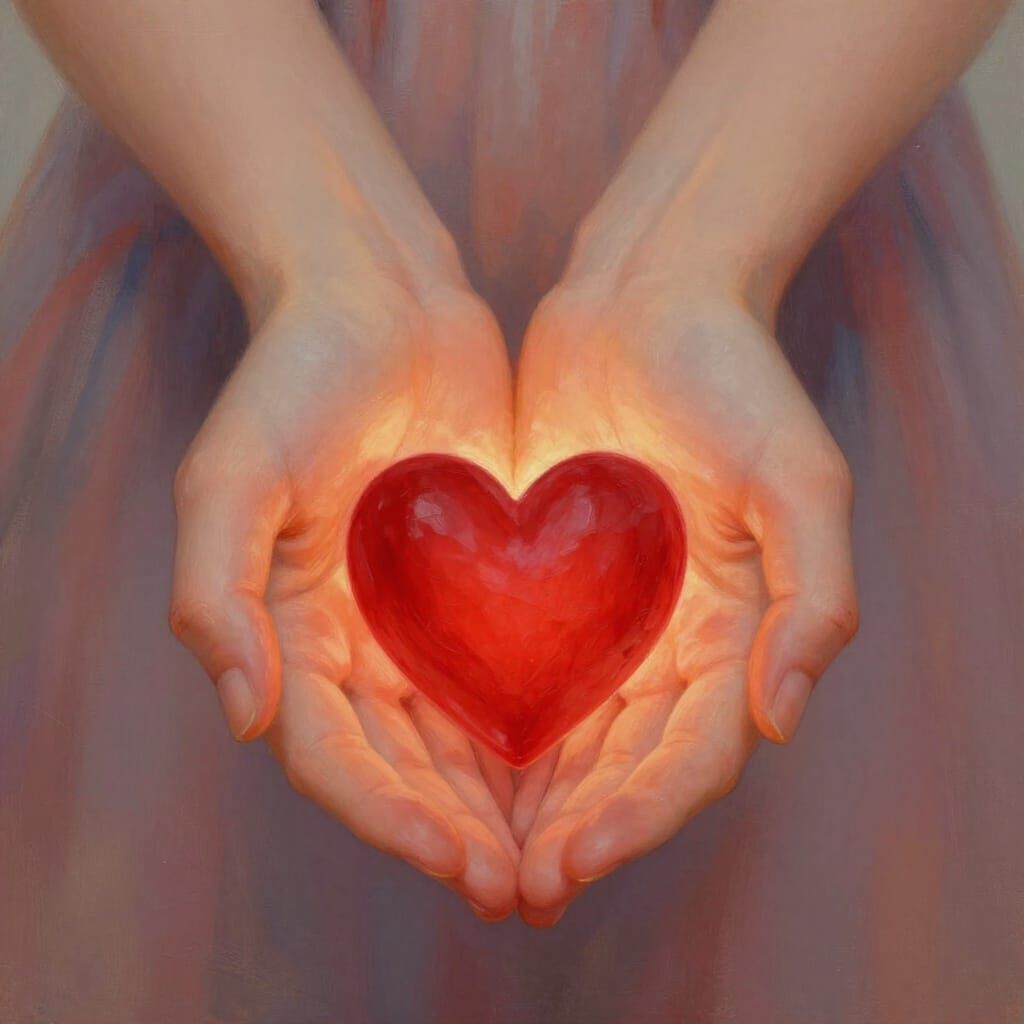 Hands Gently Holding Glowing Heart in Digital Painting Style