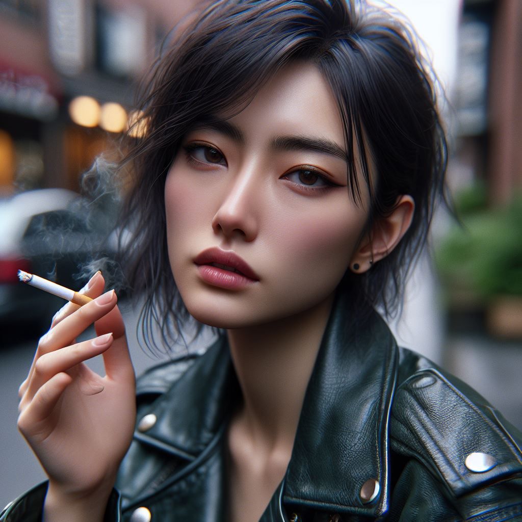 Japanese woman smoking in leather
