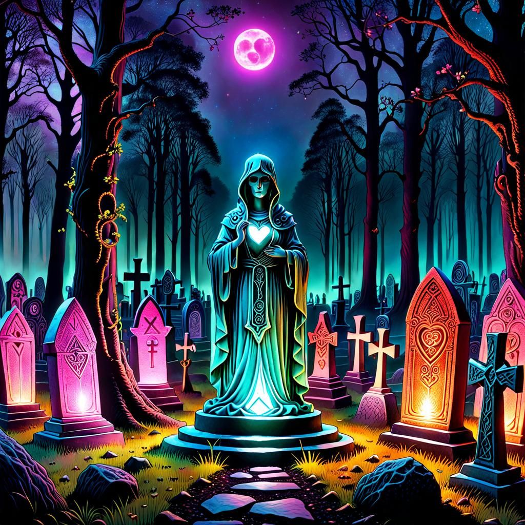 Glowing Rune Graveyard Sculpture: Hyperdetailed Masterpiece