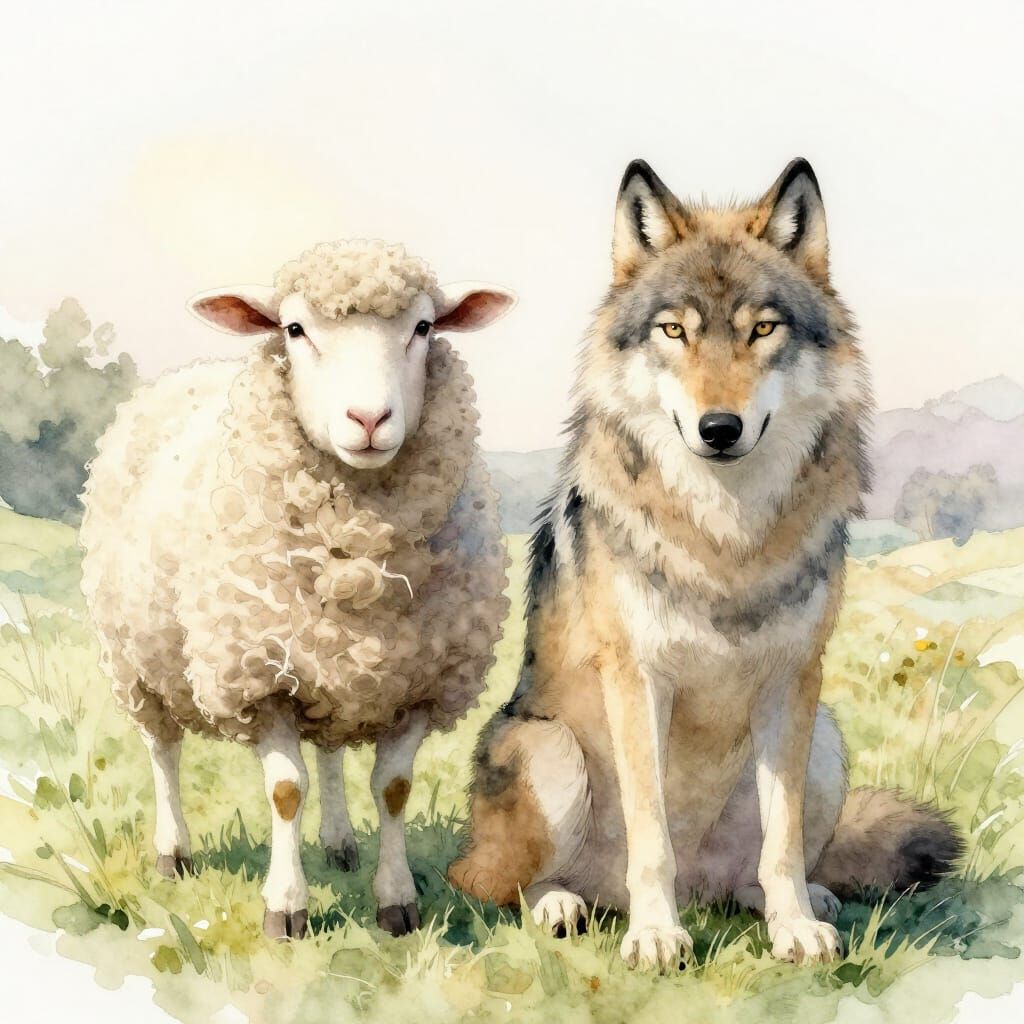 Peaceful Sheep and Wolf Together in Watercolor Style