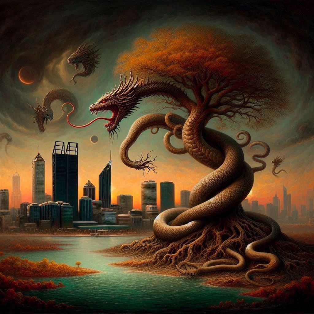 The Rainbow Serpent, awoke with a roar, Shattering the silence, shaking the core. Its coils of color, its eyes aglow, A ...