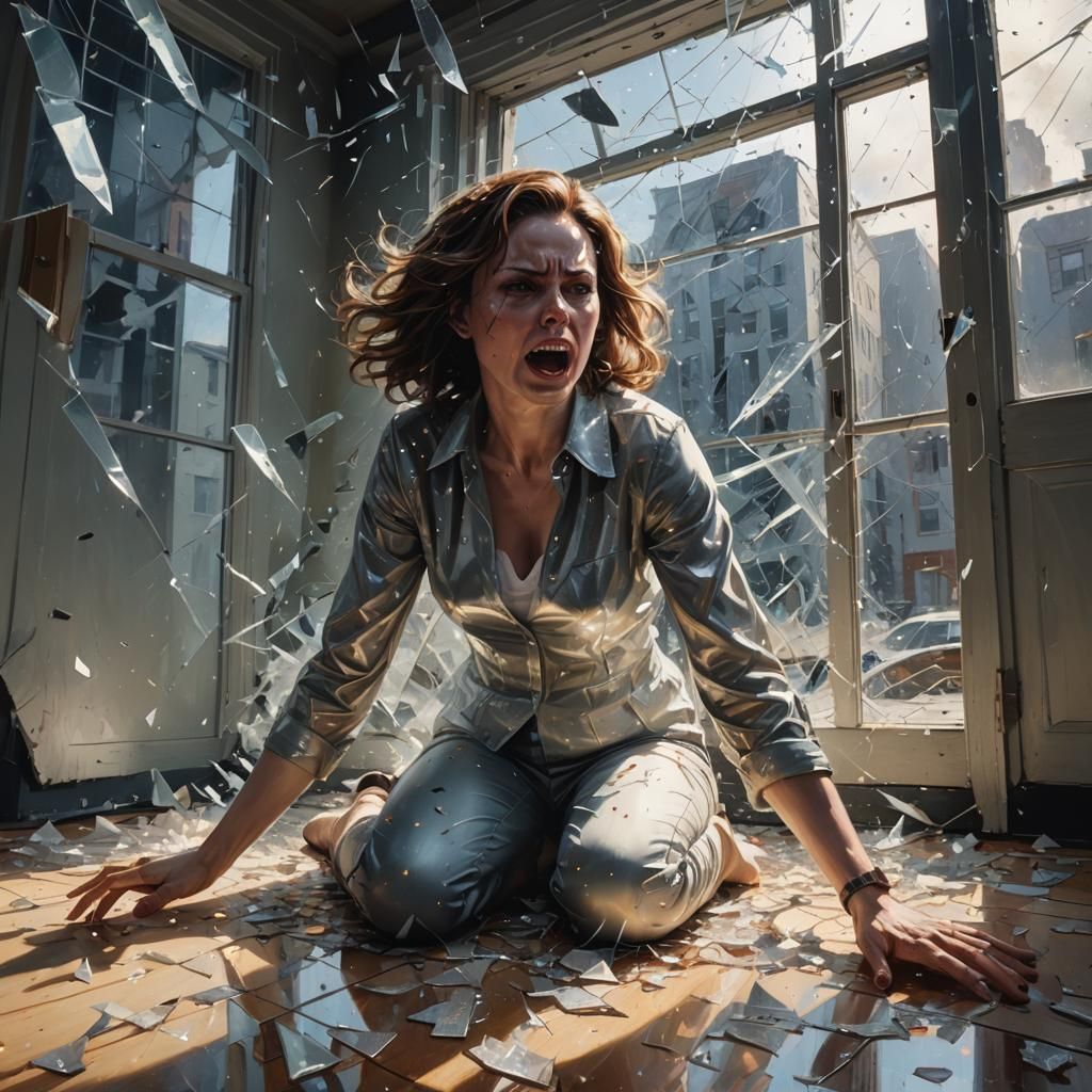 Woman in Panic with Shattered Glass