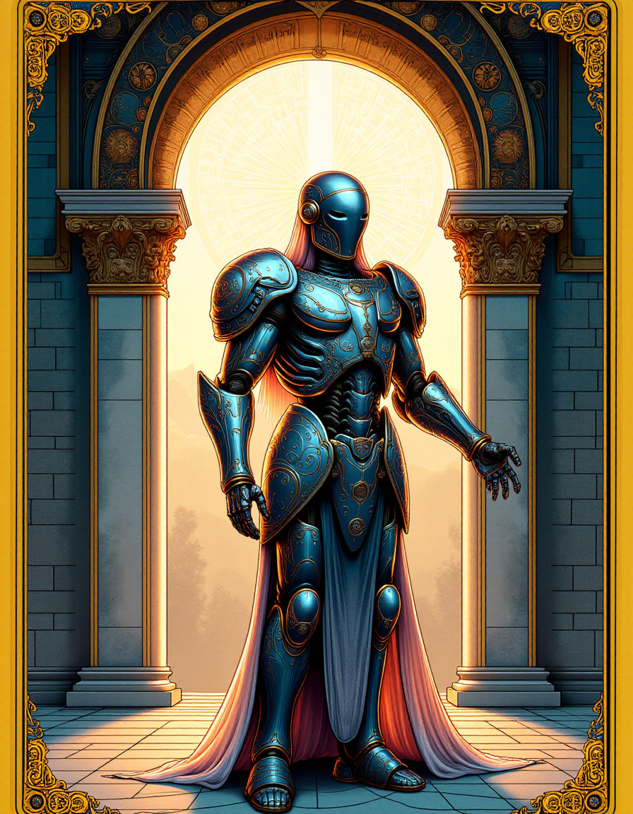 A majestic cyborg warrior, adorned with intricate golden fil...